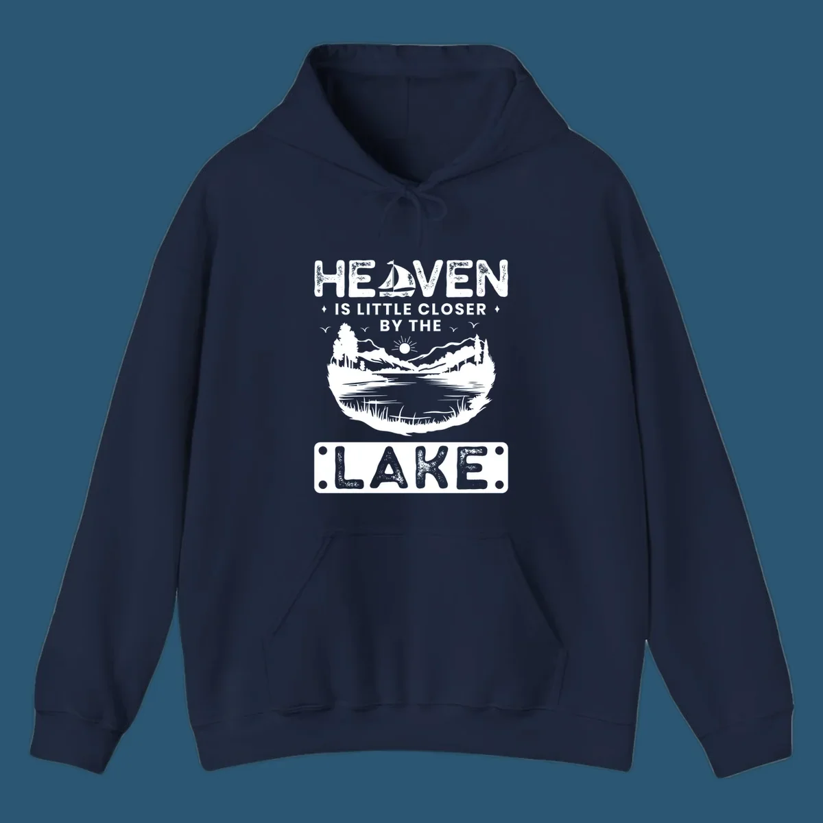 Heaven Is Little Closer By The Lake scenic design with lake, mountains, and sailboat.