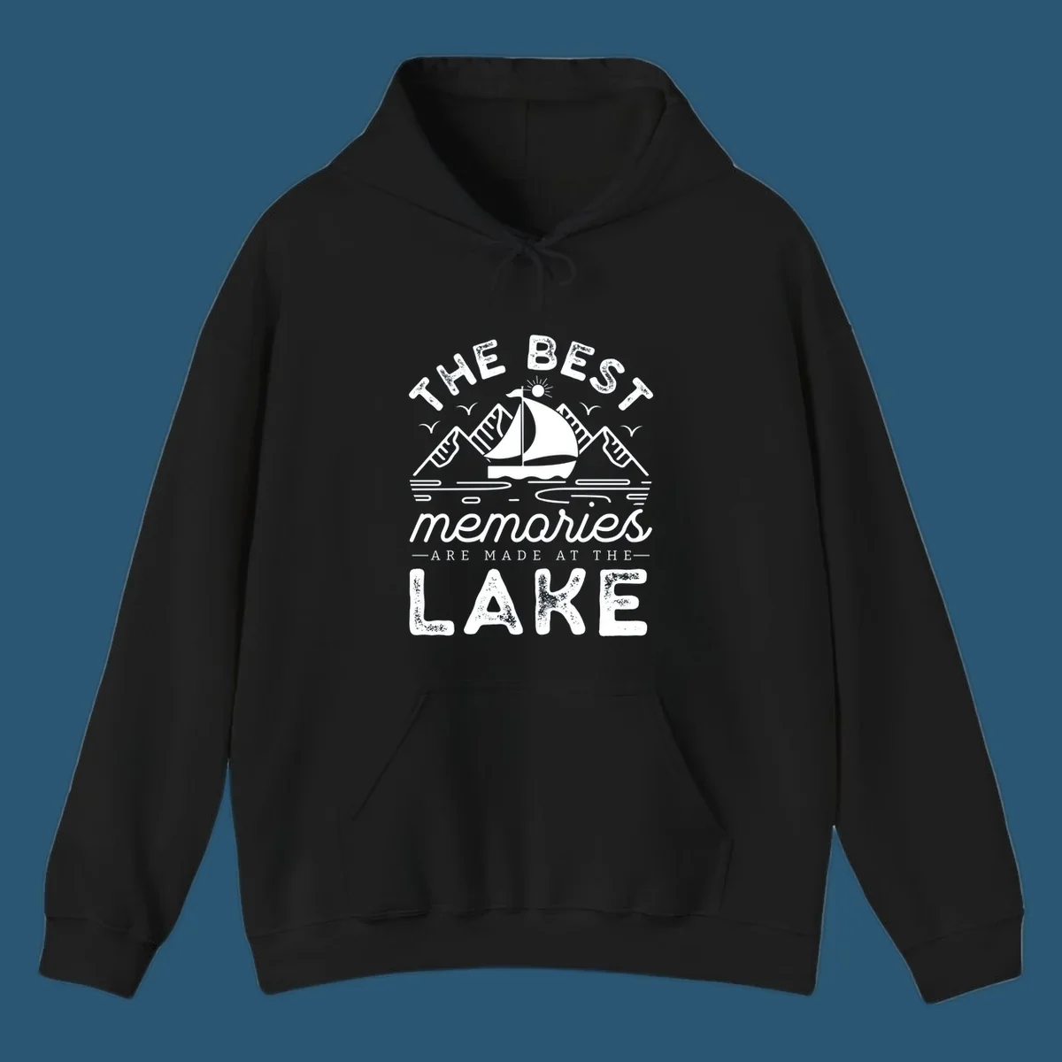 The Best Memories Are Made At The Lake design with mountains, sailboat, and text.