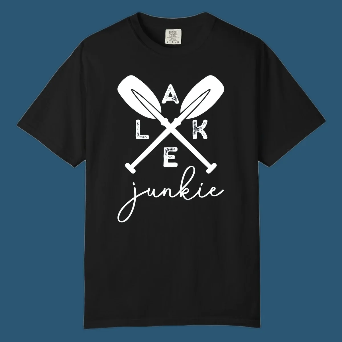 Lake Junkie Paddles Design with crossed paddles and distressed text.