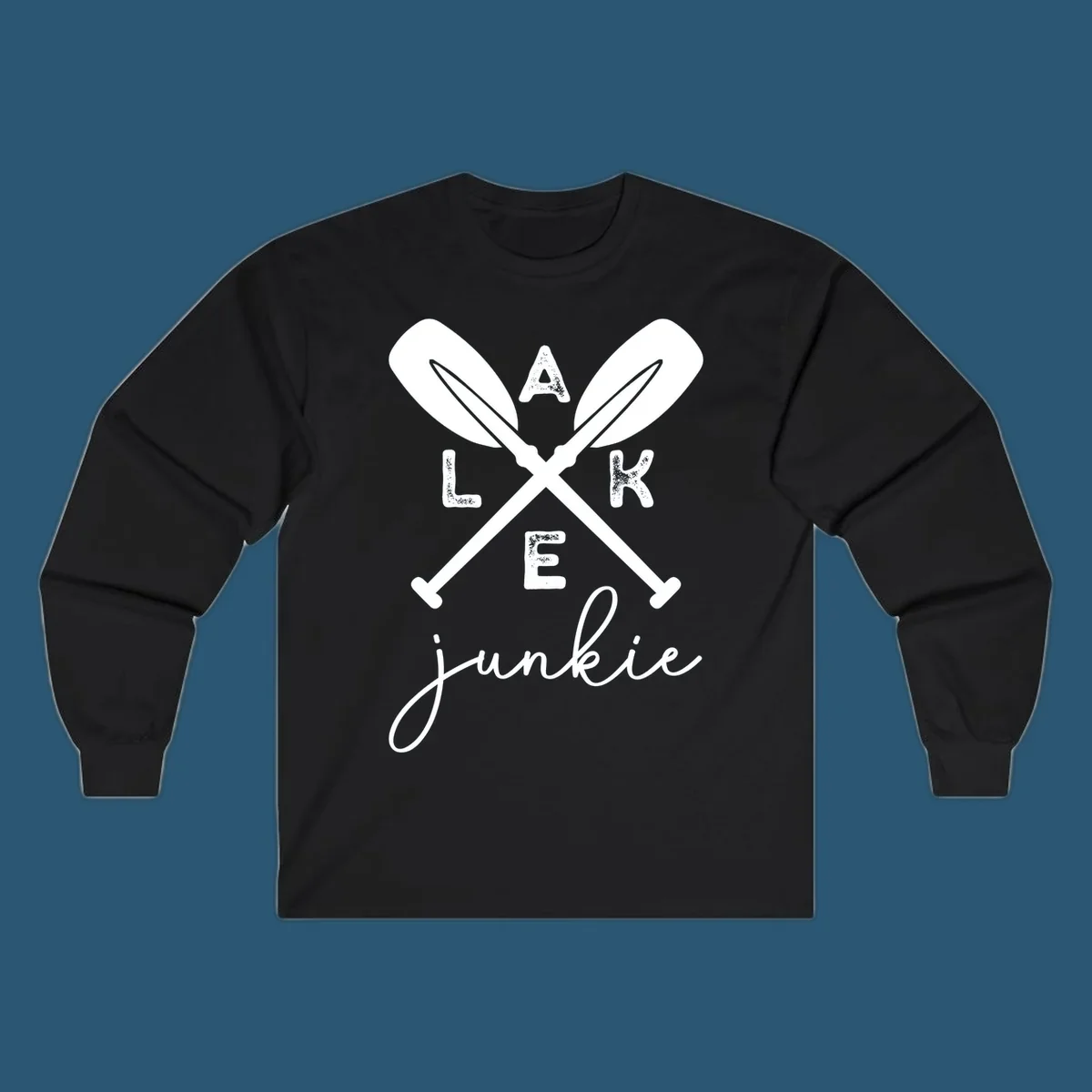Lake Junkie Paddles Design with crossed paddles and distressed text.