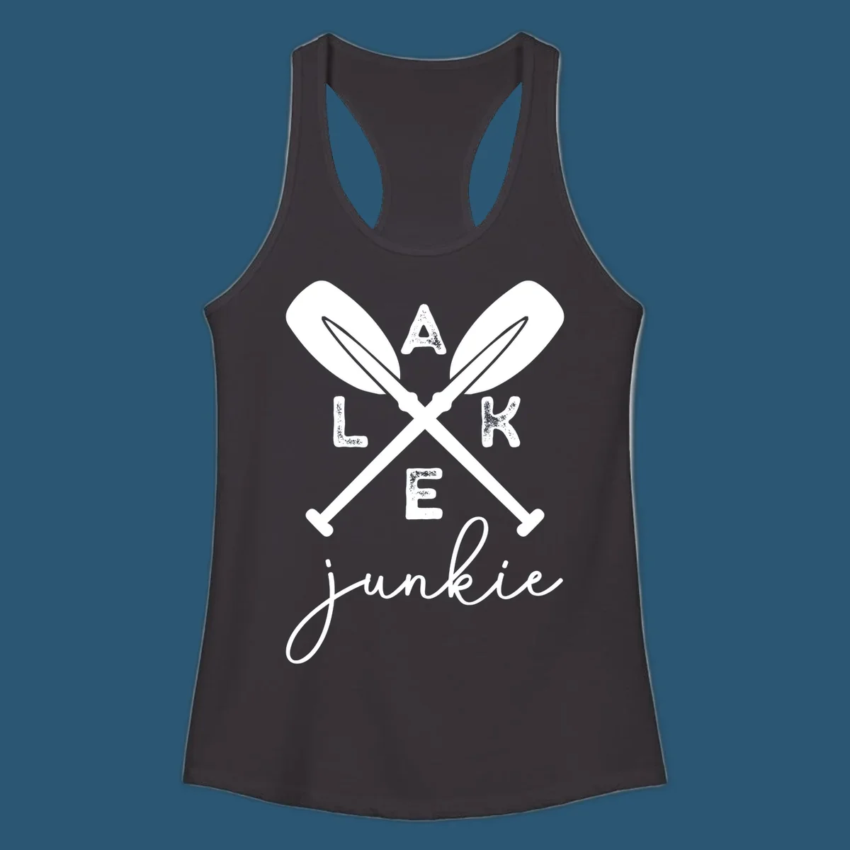 Lake Junkie Paddles Design with crossed paddles and distressed text.