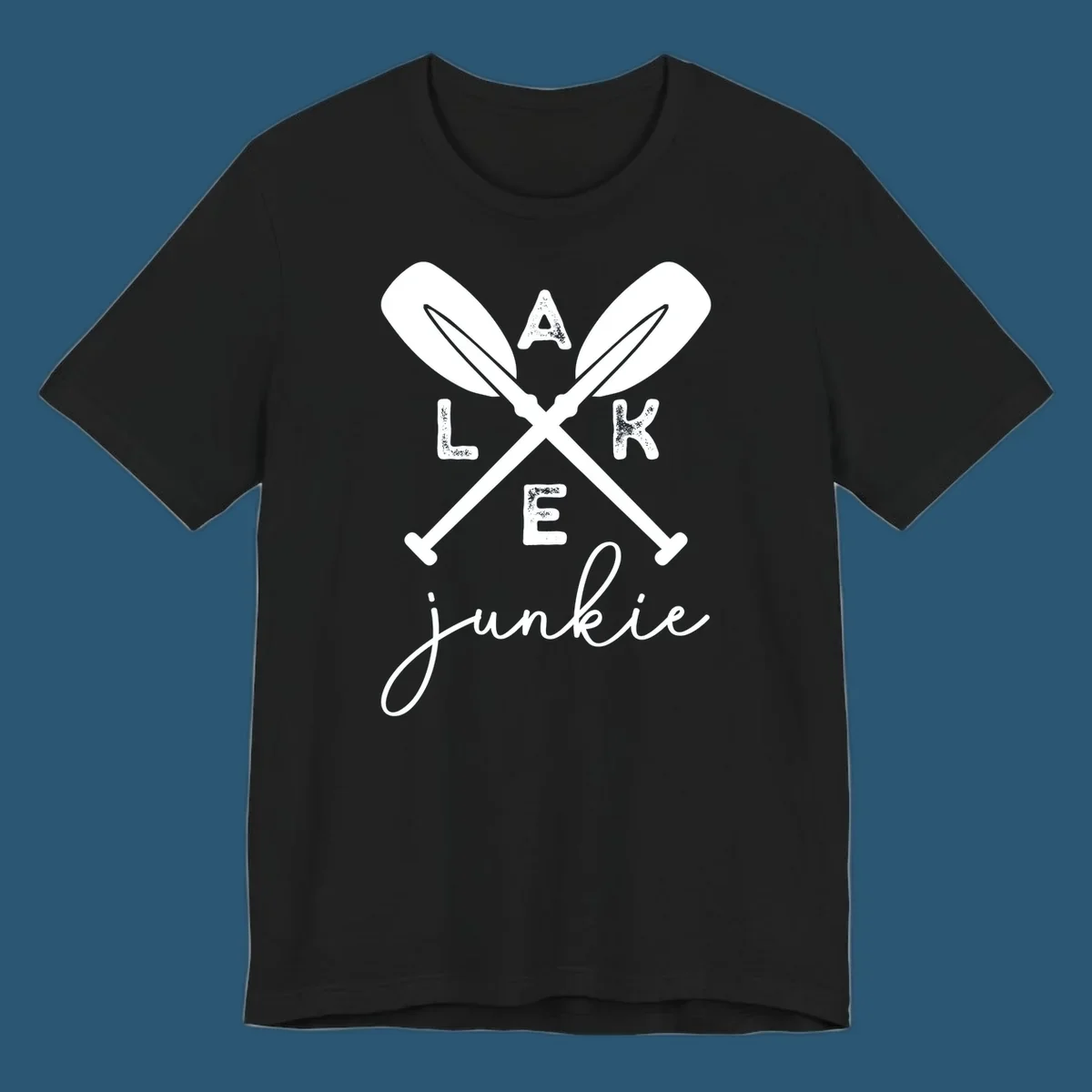 Lake Junkie Paddles Design with crossed paddles and distressed text.