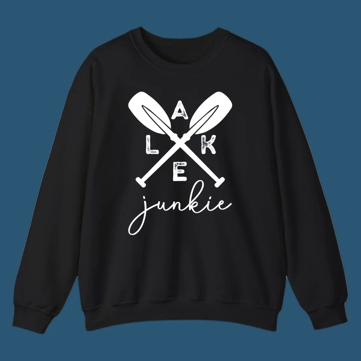 Lake Junkie Paddles Design with crossed paddles and distressed text.