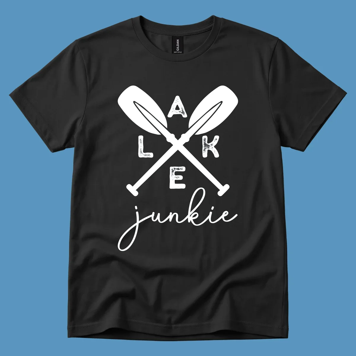 Lake Junkie Paddles Design with crossed paddles and distressed text.