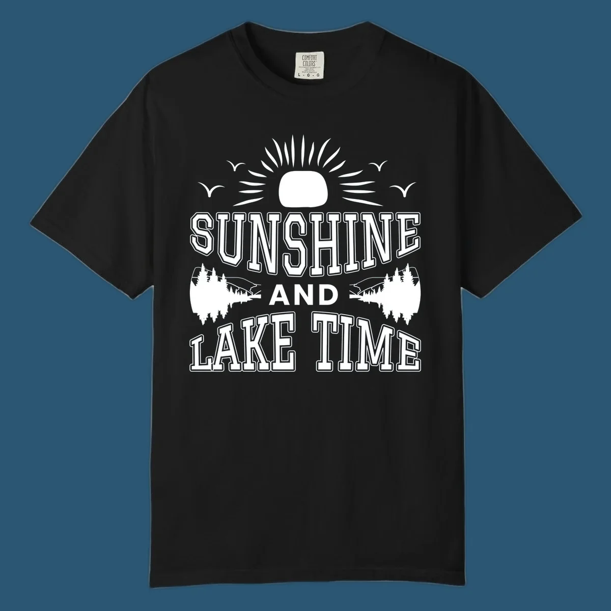 Sunshine and lake time graphic with sun, birds, and trees.