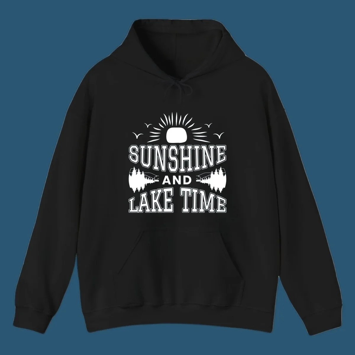 Sunshine and lake time graphic with sun, birds, and trees.
