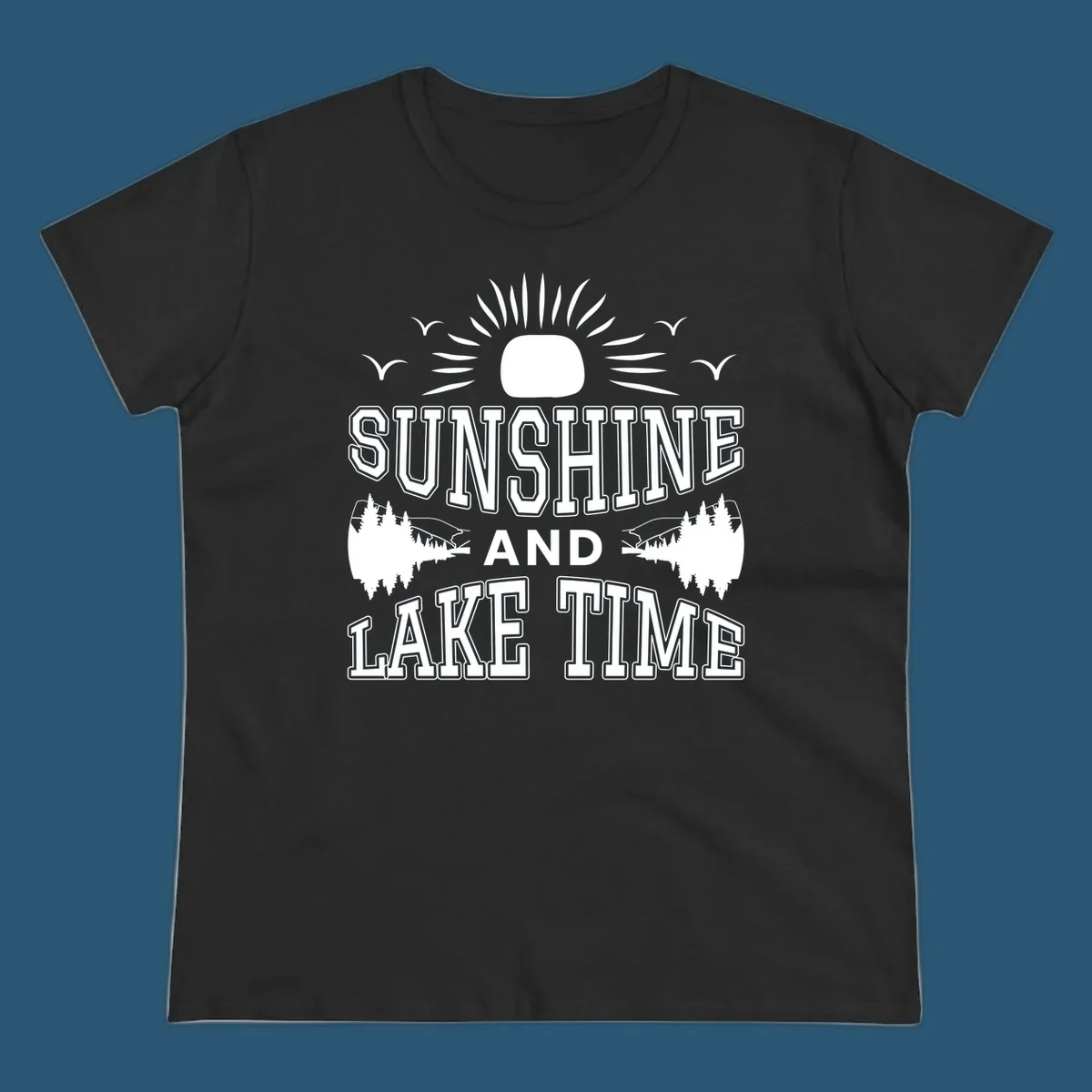 Sunshine and lake time graphic with sun, birds, and trees.