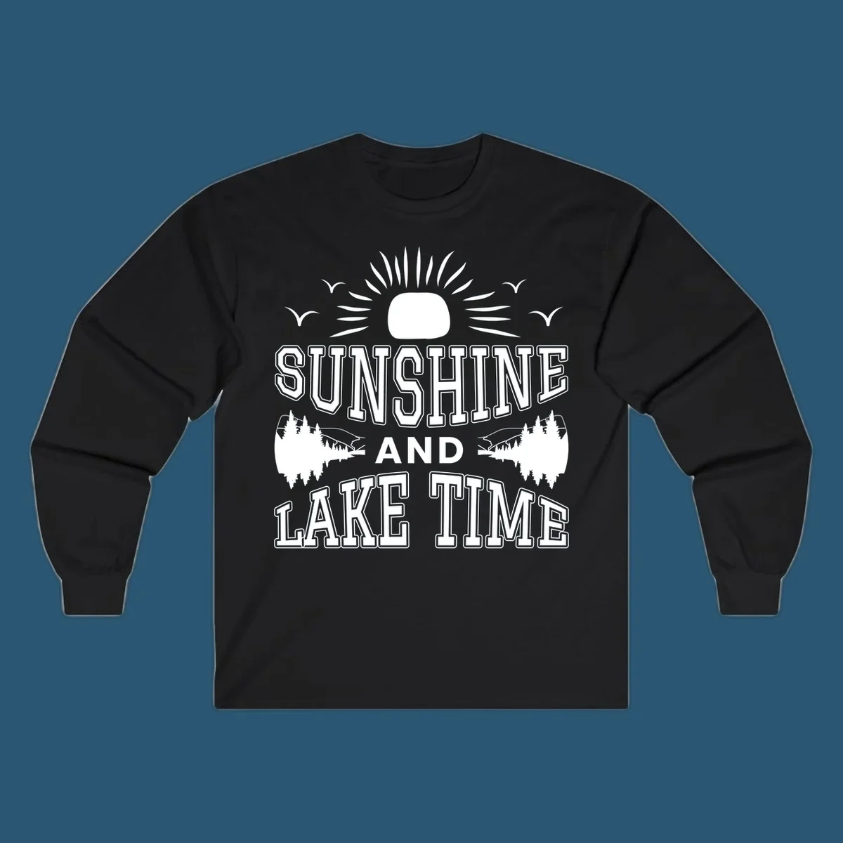 Sunshine and lake time graphic with sun, birds, and trees.
