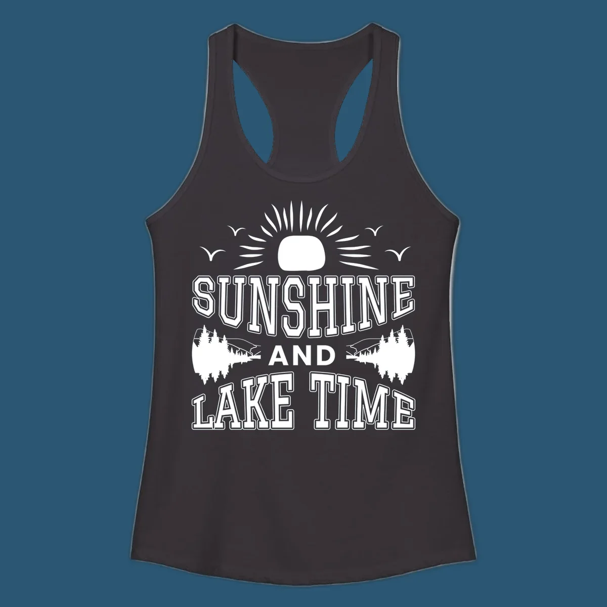 Sunshine and lake time graphic with sun, birds, and trees.