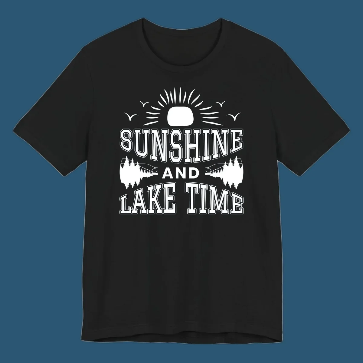 Sunshine and lake time graphic with sun, birds, and trees.