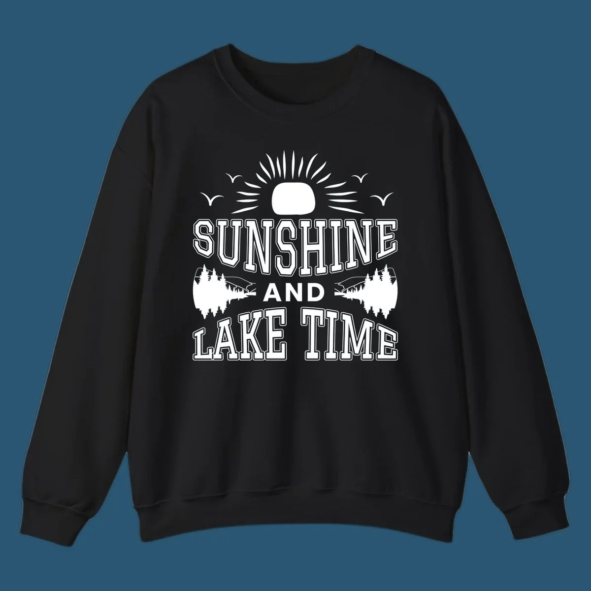 Sunshine and lake time graphic with sun, birds, and trees.