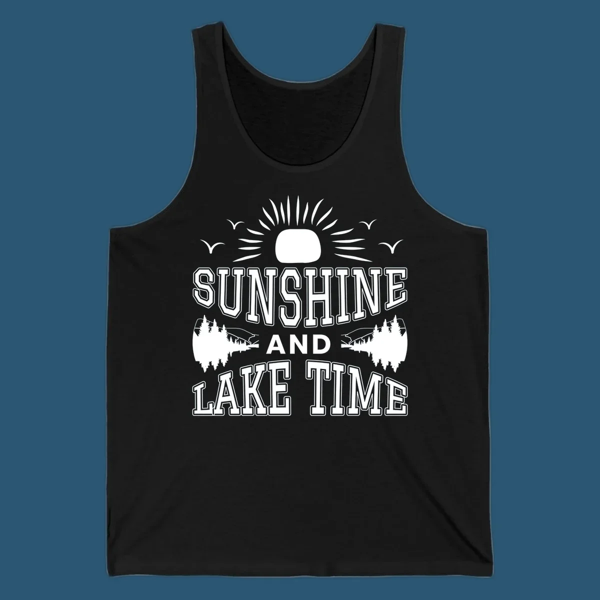 Sunshine and lake time graphic with sun, birds, and trees.