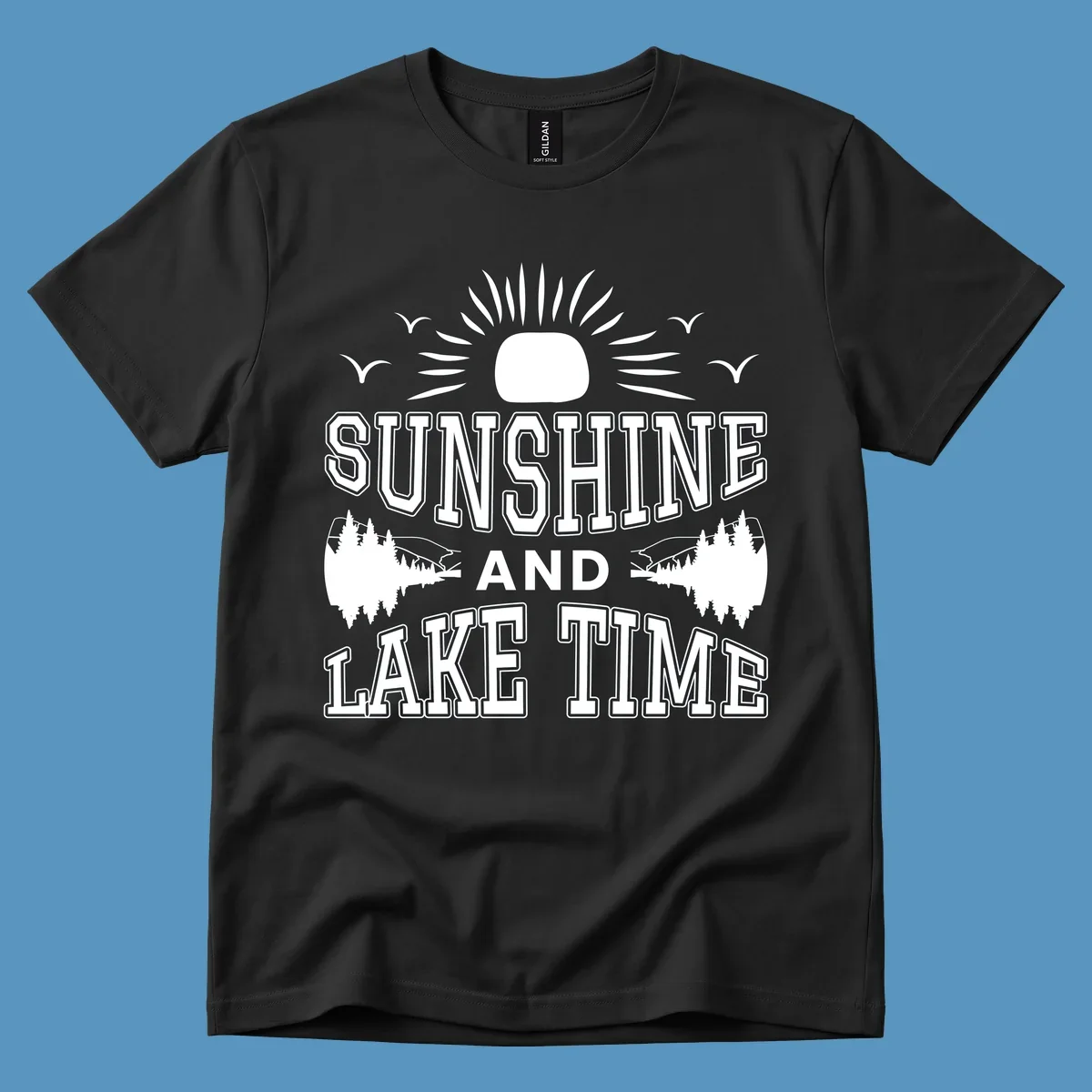 Sunshine and lake time graphic with sun, birds, and trees.