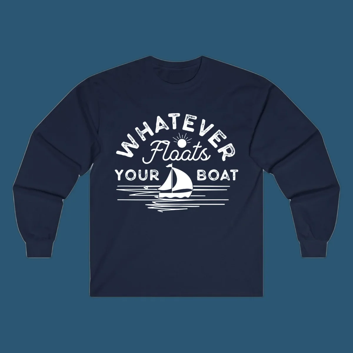 Whatever floats your boat design with sailboat and sun, on black and white backgrounds.