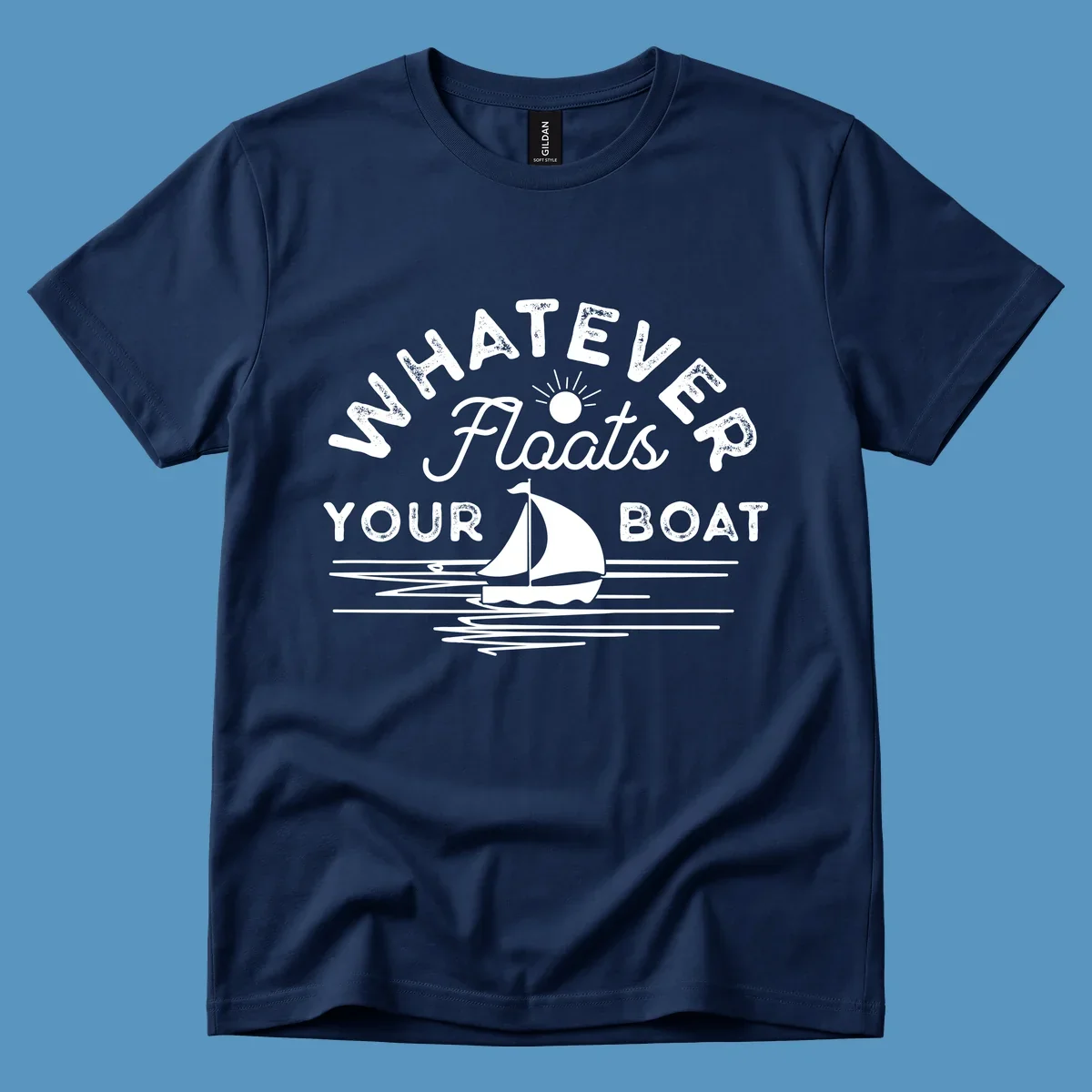 Whatever floats your boat design with sailboat and sun, on black and white backgrounds.