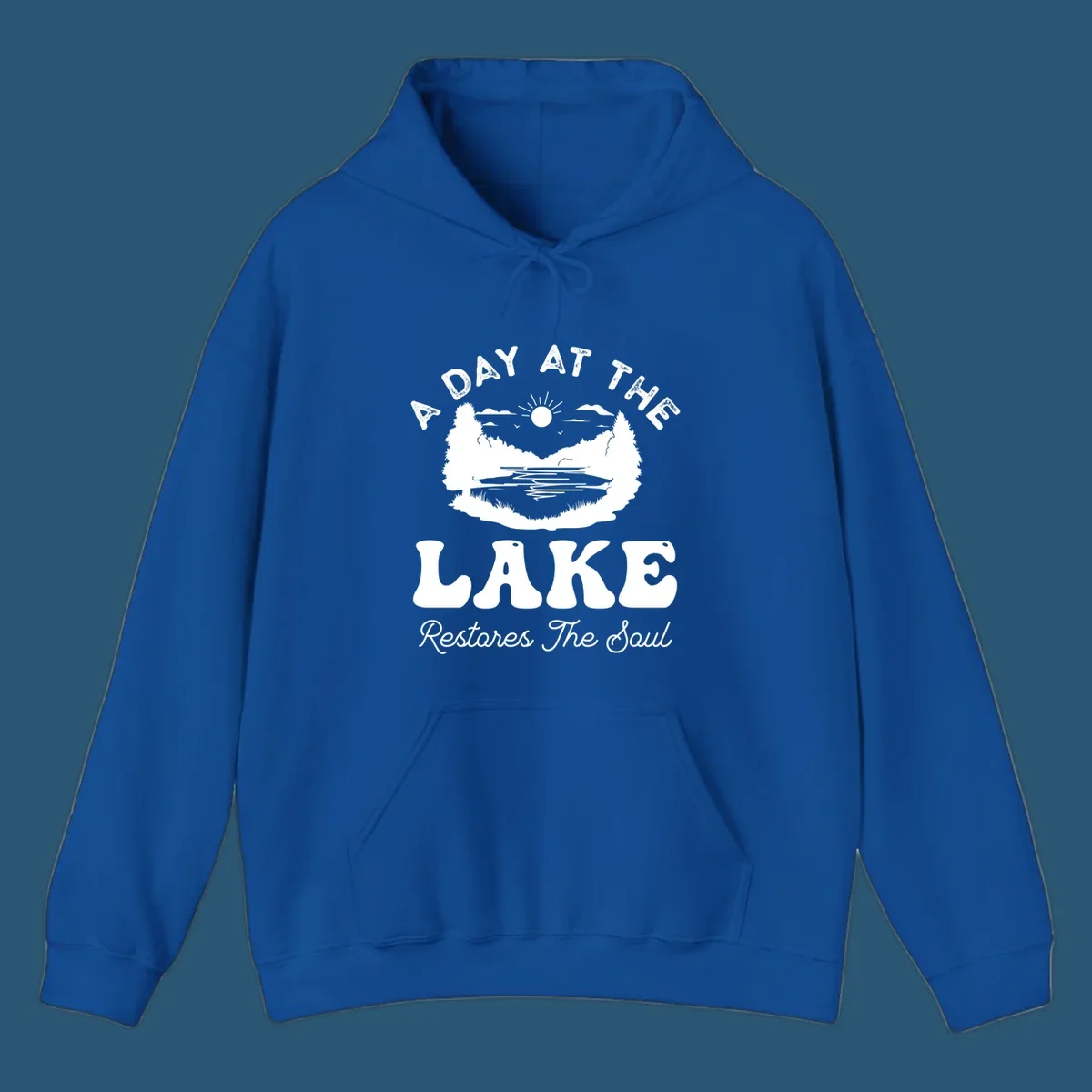 A day at the lake restores the soul graphic with lake scene and text