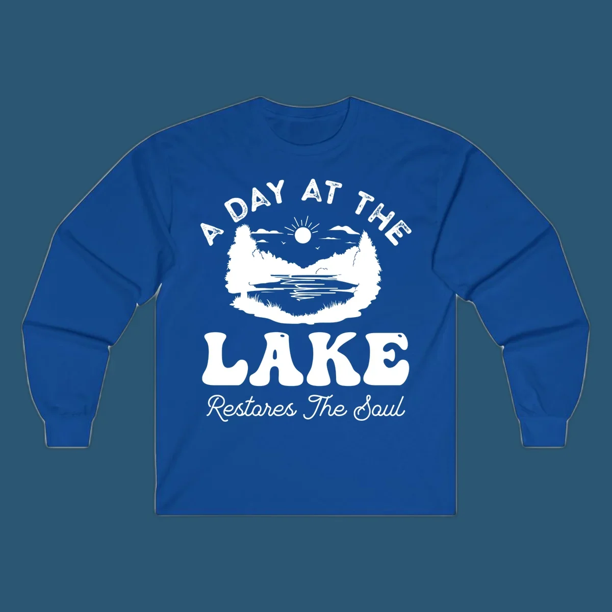 A day at the lake restores the soul graphic with lake scene and text