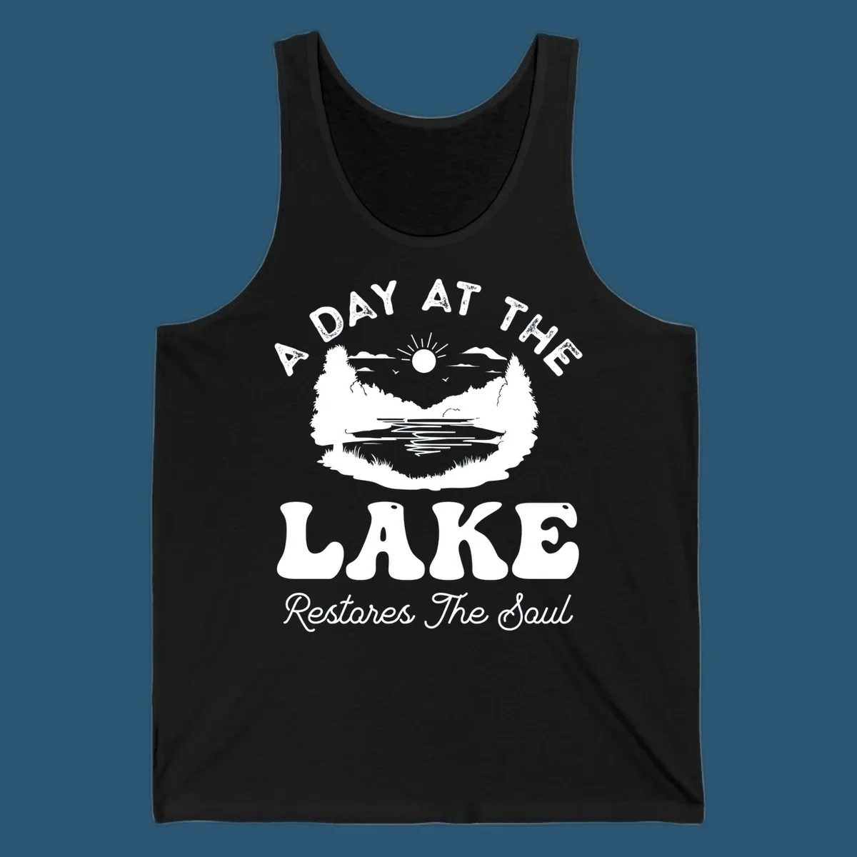 A day at the lake restores the soul graphic with lake scene and text