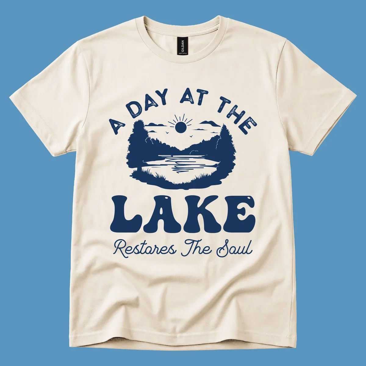 A day at the lake restores the soul graphic with lake scene and text