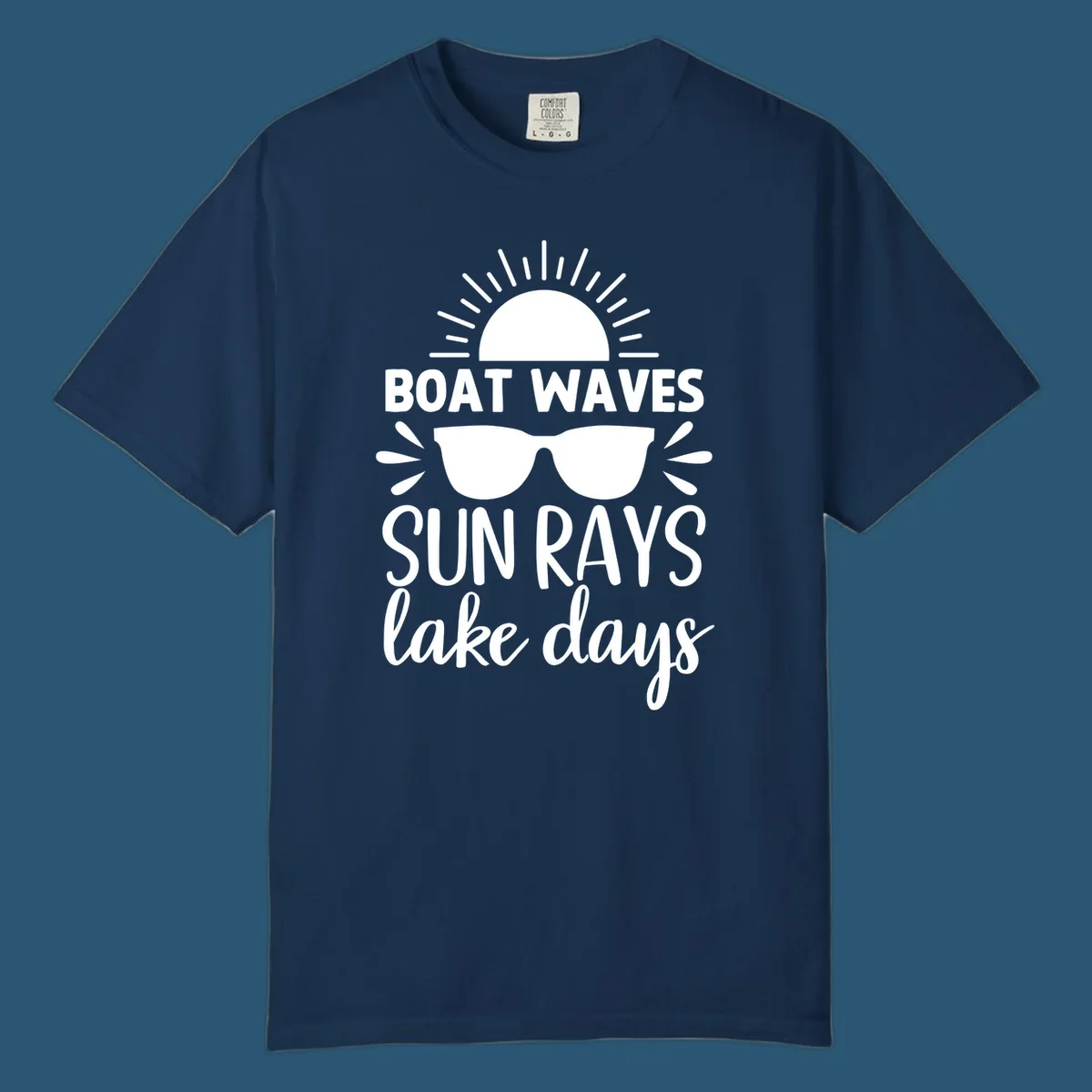 Boat waves sun rays lake day vibes design with sun and sunglasses.