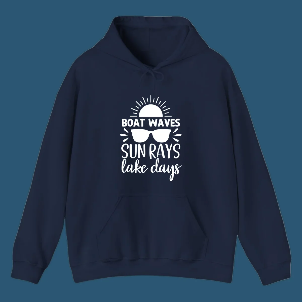 Boat waves sun rays lake day vibes design with sun and sunglasses.
