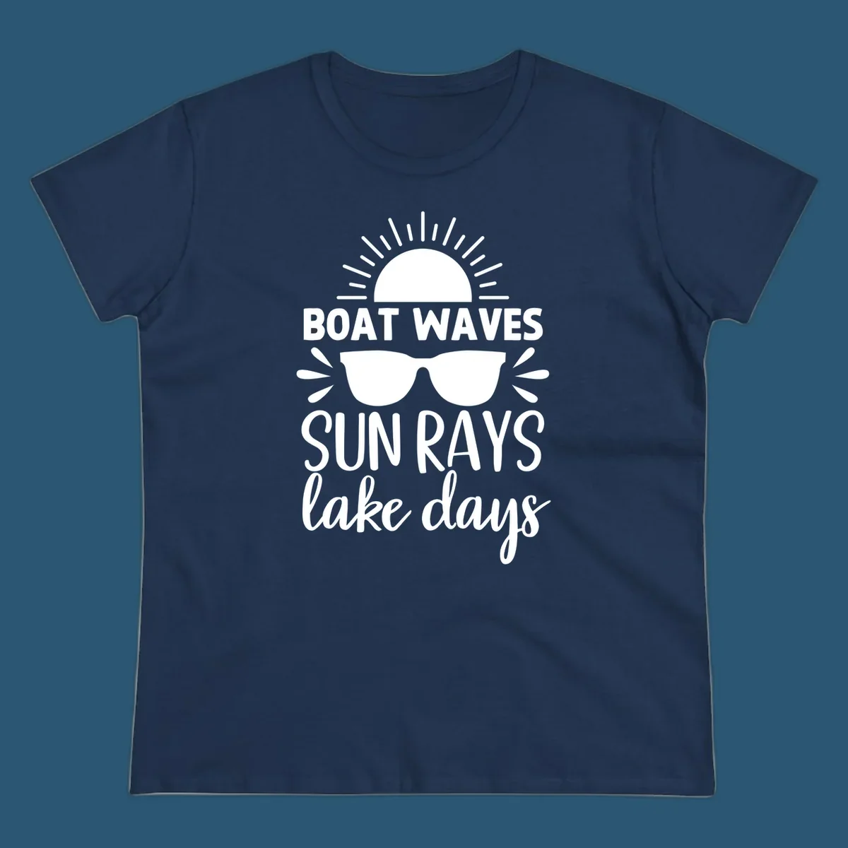 Boat waves sun rays lake day vibes design with sun and sunglasses.