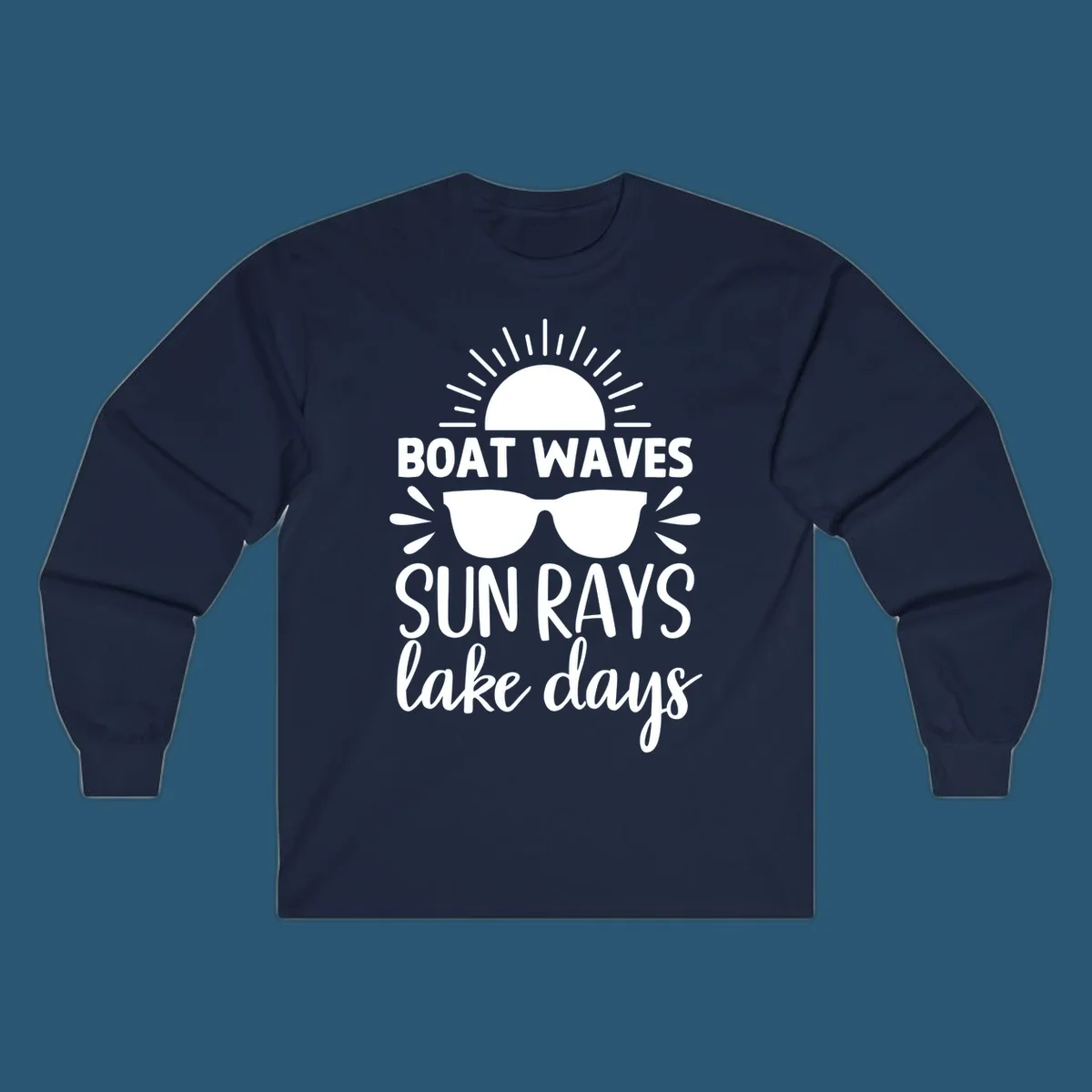 Boat waves sun rays lake day vibes design with sun and sunglasses.