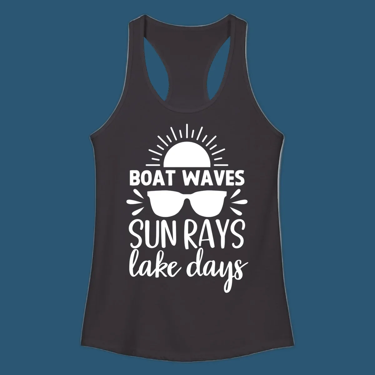 Boat waves sun rays lake day vibes design with sun and sunglasses.
