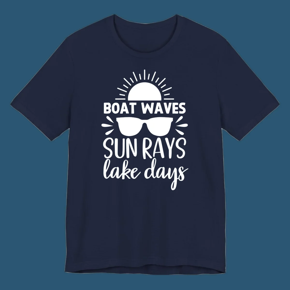 Boat waves sun rays lake day vibes design with sun and sunglasses.