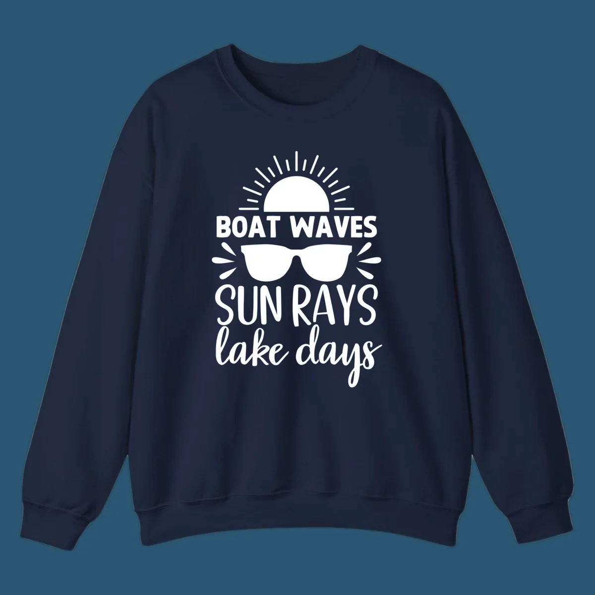 Boat waves sun rays lake day vibes design with sun and sunglasses.