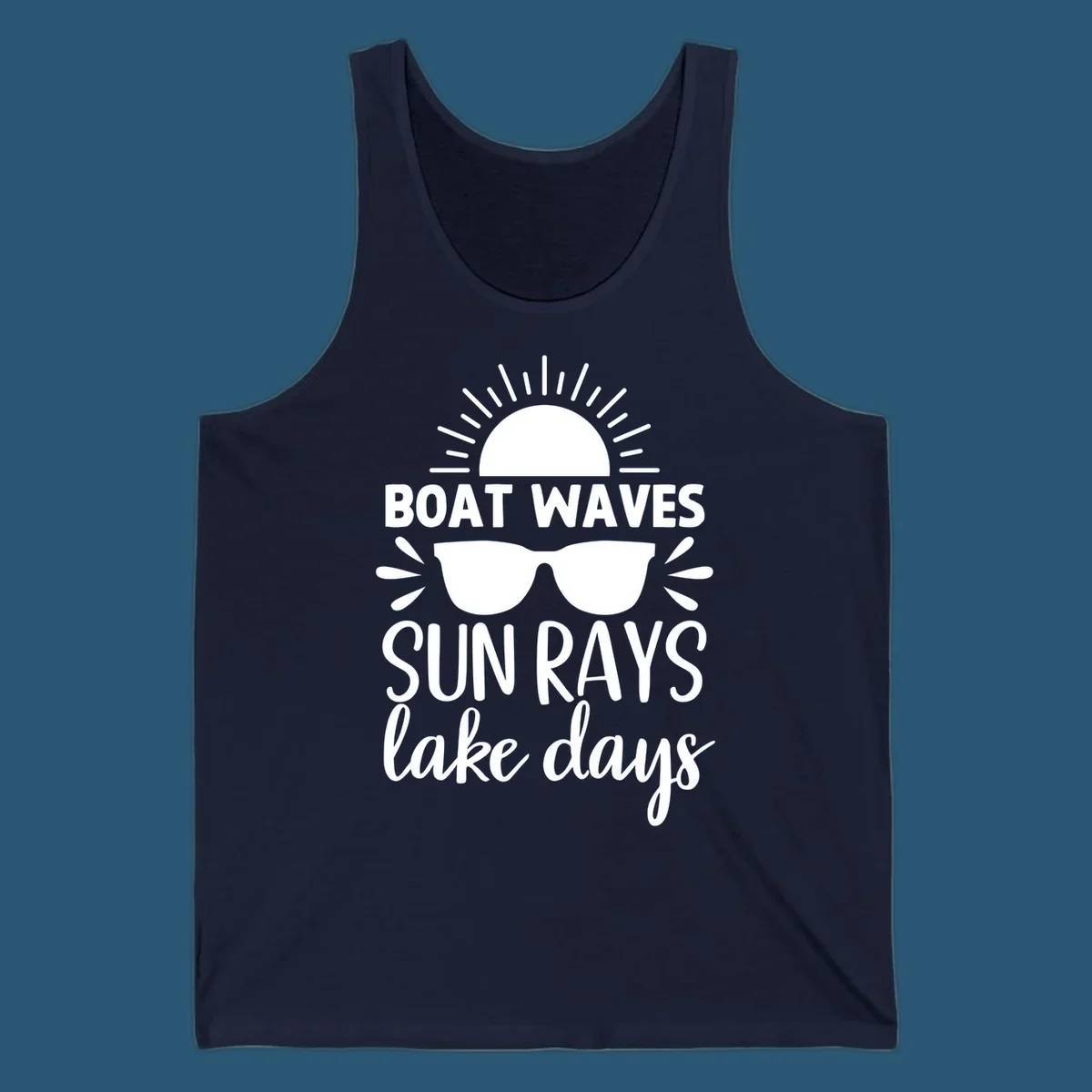 Boat waves sun rays lake day vibes design with sun and sunglasses.