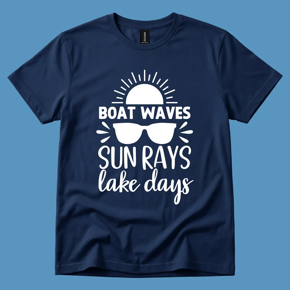 Boat waves sun rays lake day vibes design with sun and sunglasses.