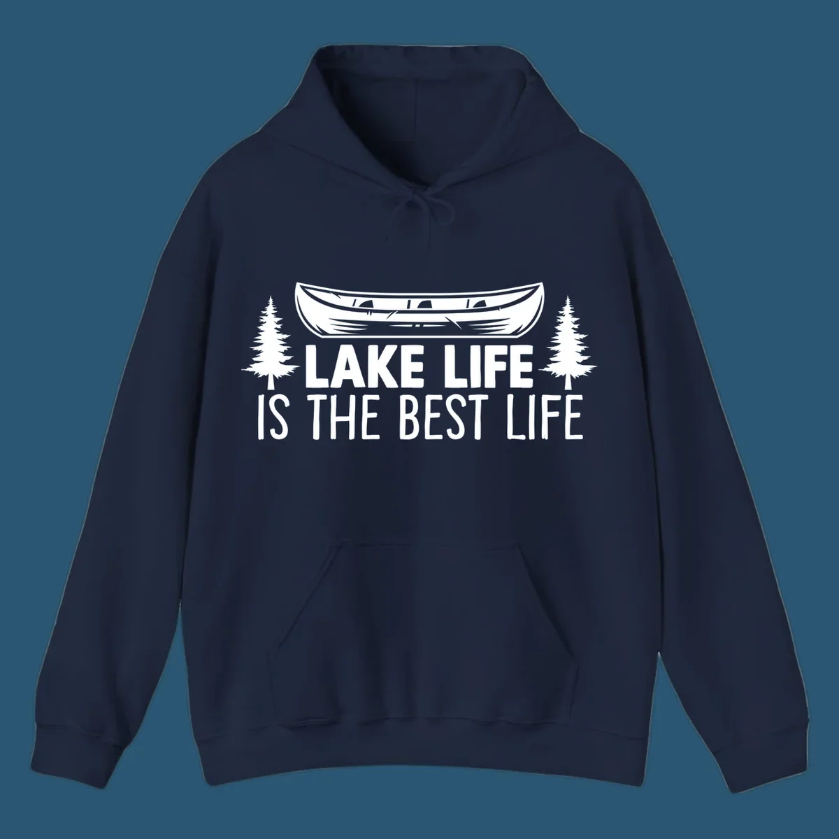 Lake Life Is The Best Life text with canoe and pine trees artwork.