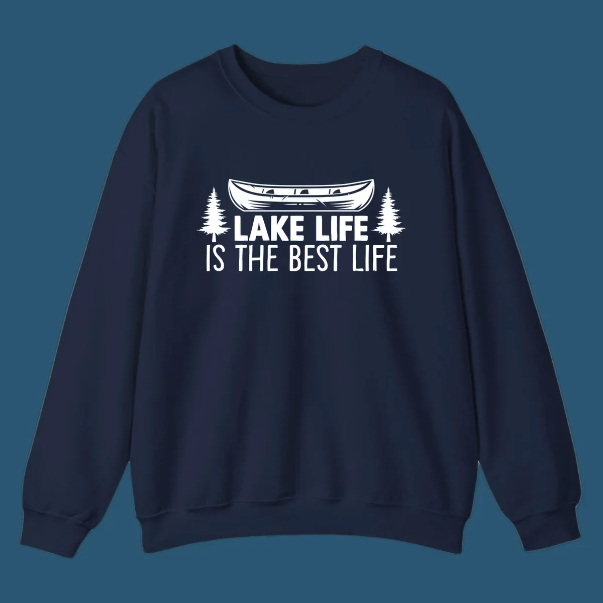 Lake Life Is The Best Life text with canoe and pine trees artwork.