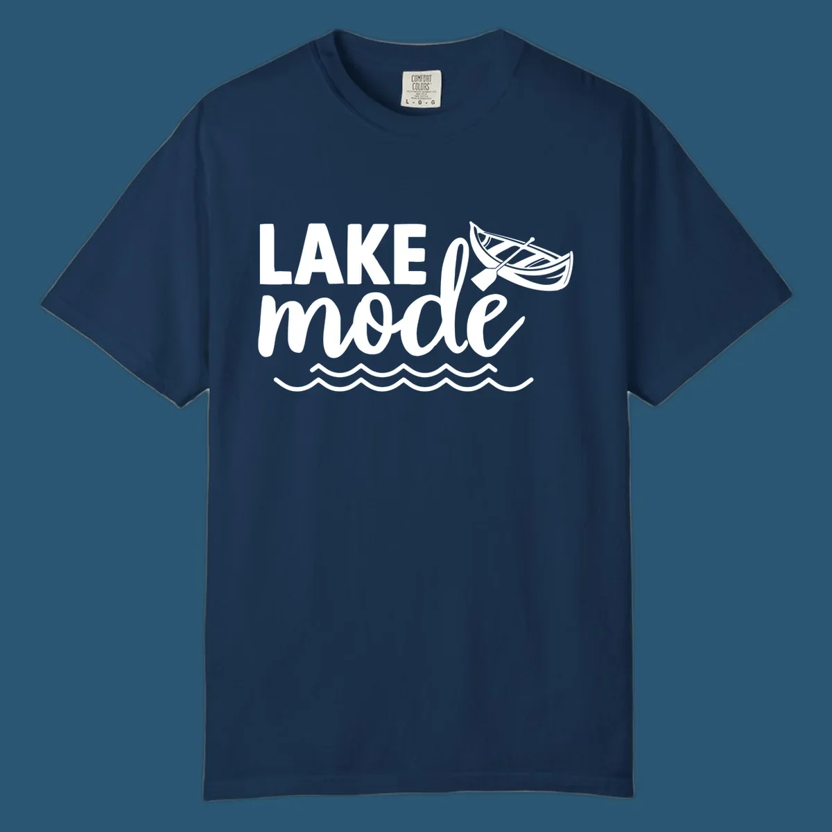 Lake Mode text with canoe and waves graphic. lake-mode-on