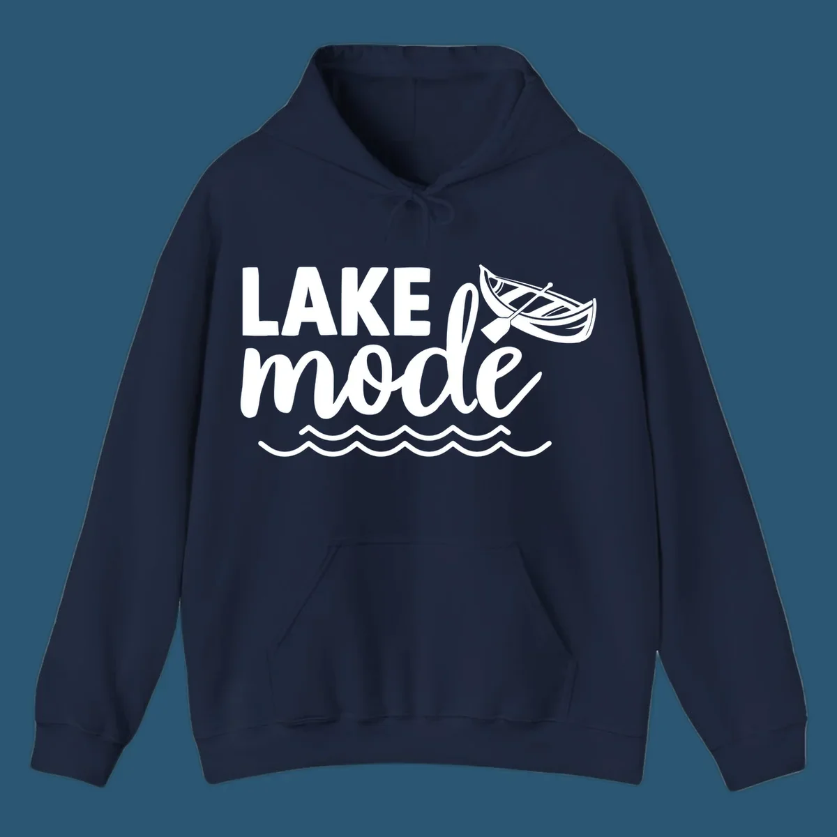 Lake Mode text with canoe and waves graphic. lake-mode-on