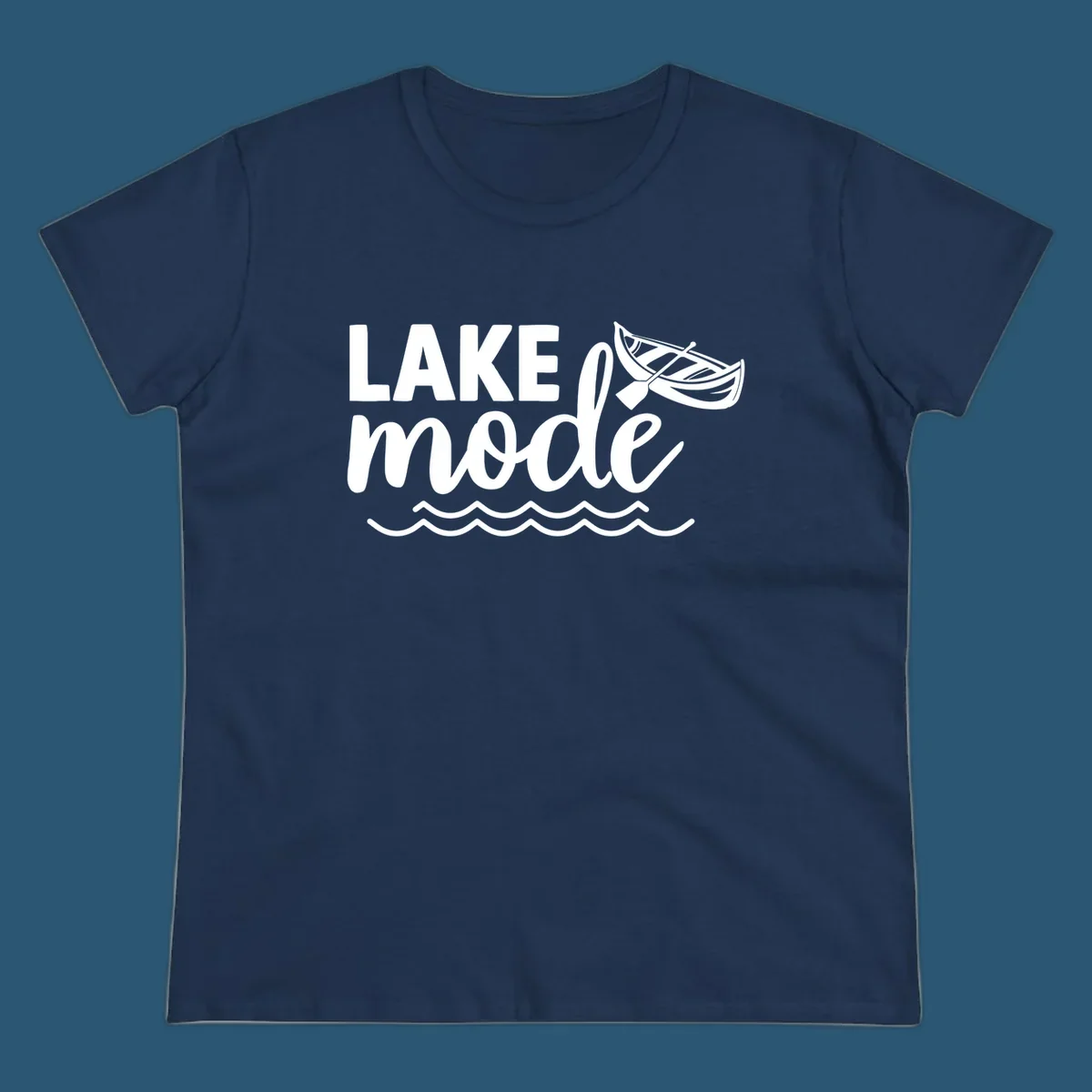 Lake Mode text with canoe and waves graphic. lake-mode-on