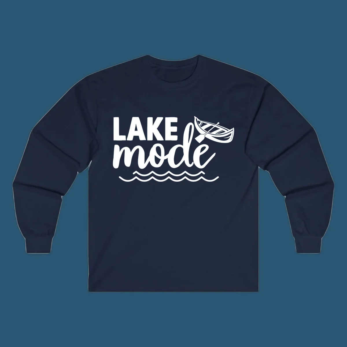 Lake Mode text with canoe and waves graphic. lake-mode-on