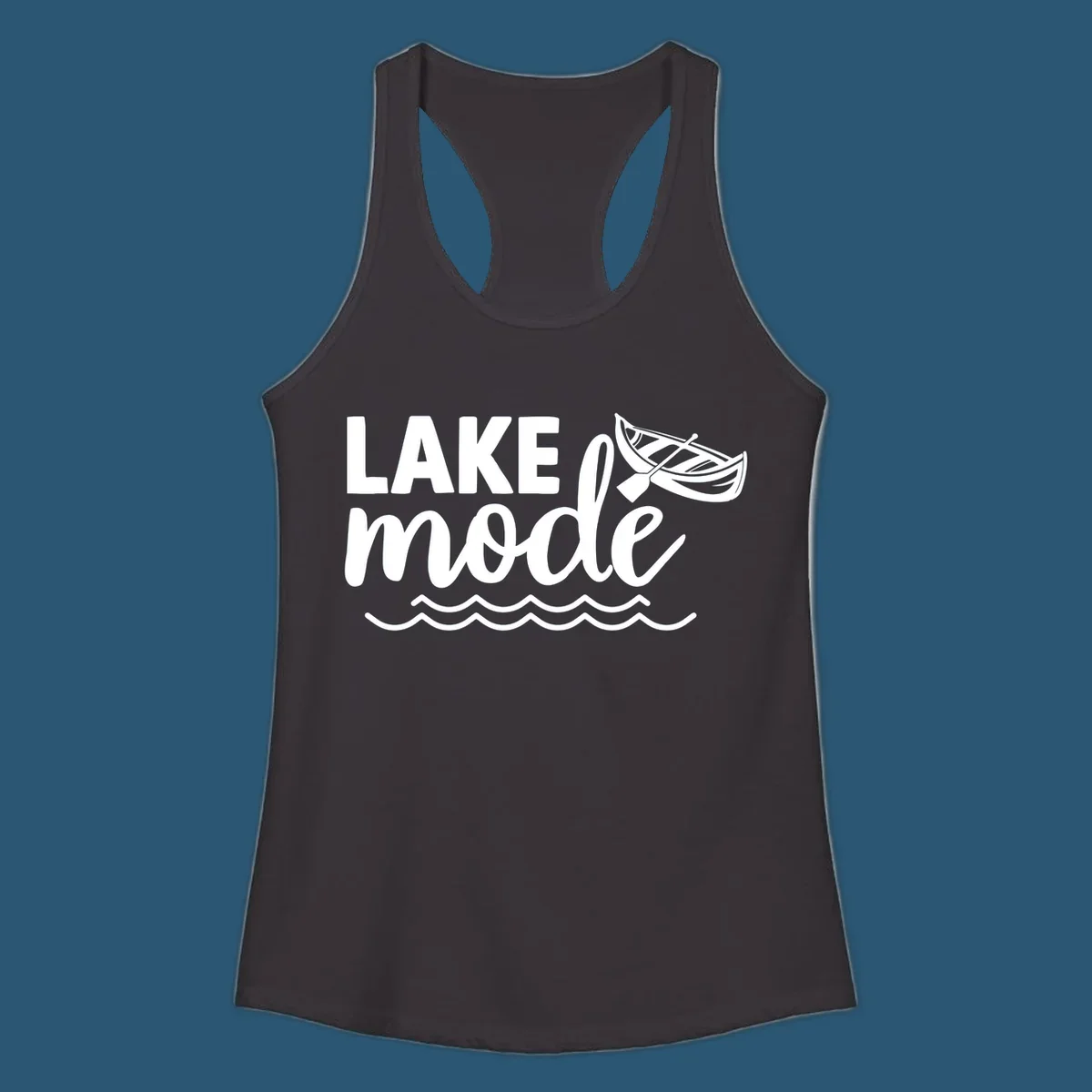 Lake Mode text with canoe and waves graphic. lake-mode-on