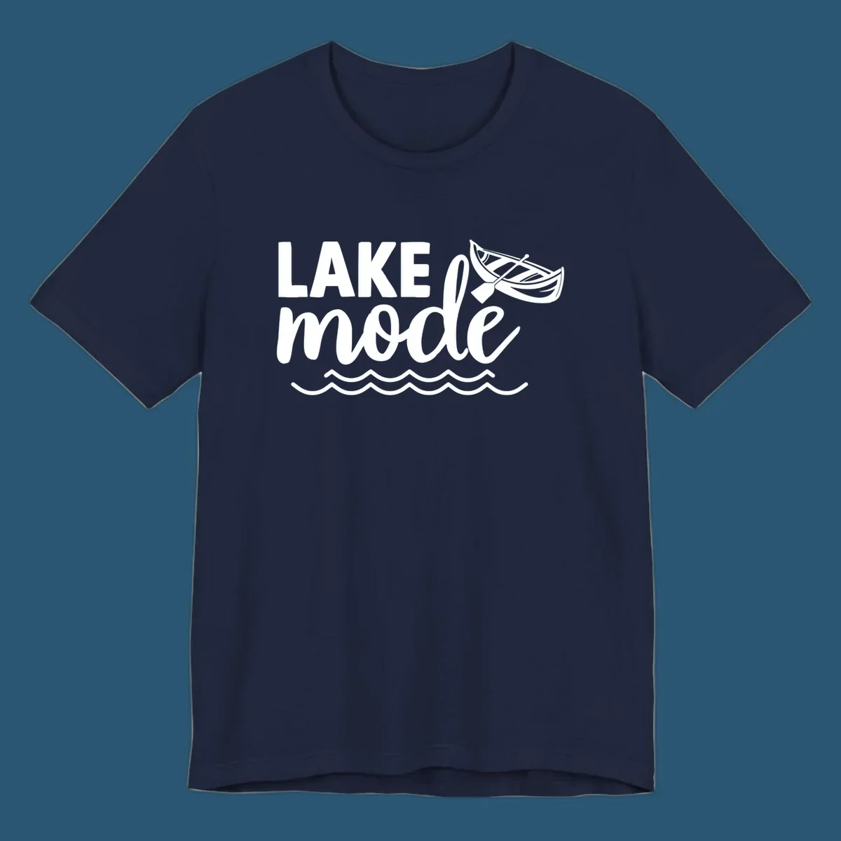 Lake Mode text with canoe and waves graphic. lake-mode-on