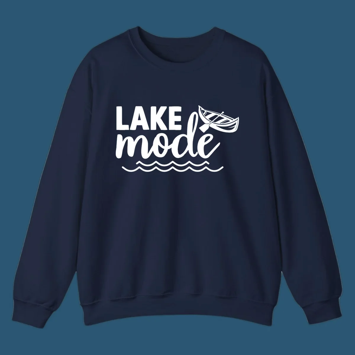 Lake Mode text with canoe and waves graphic. lake-mode-on