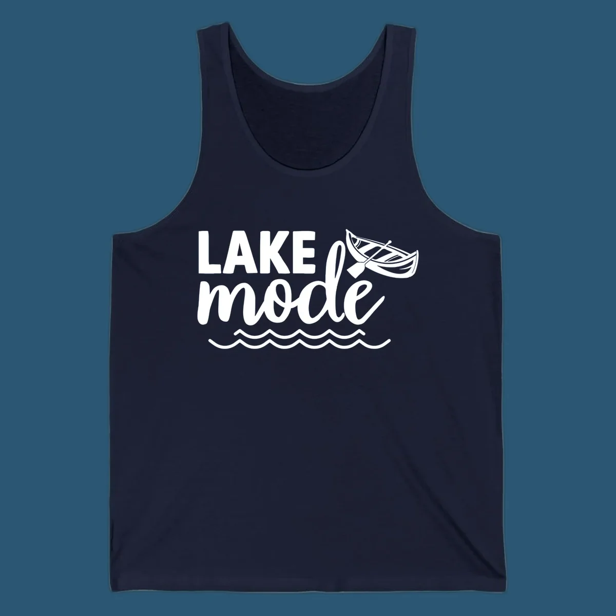 Lake Mode text with canoe and waves graphic. lake-mode-on