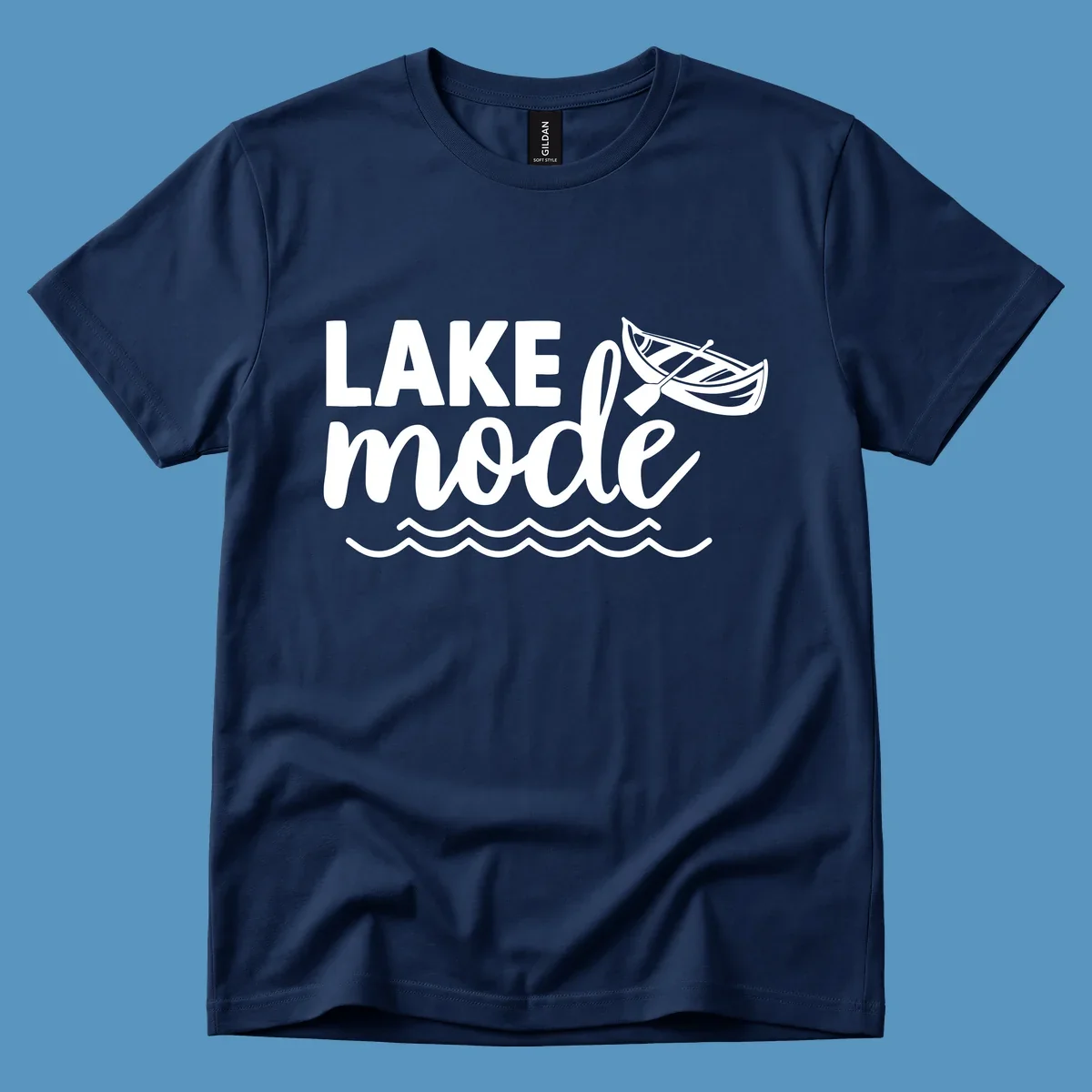 Lake Mode text with canoe and waves graphic. lake-mode-on
