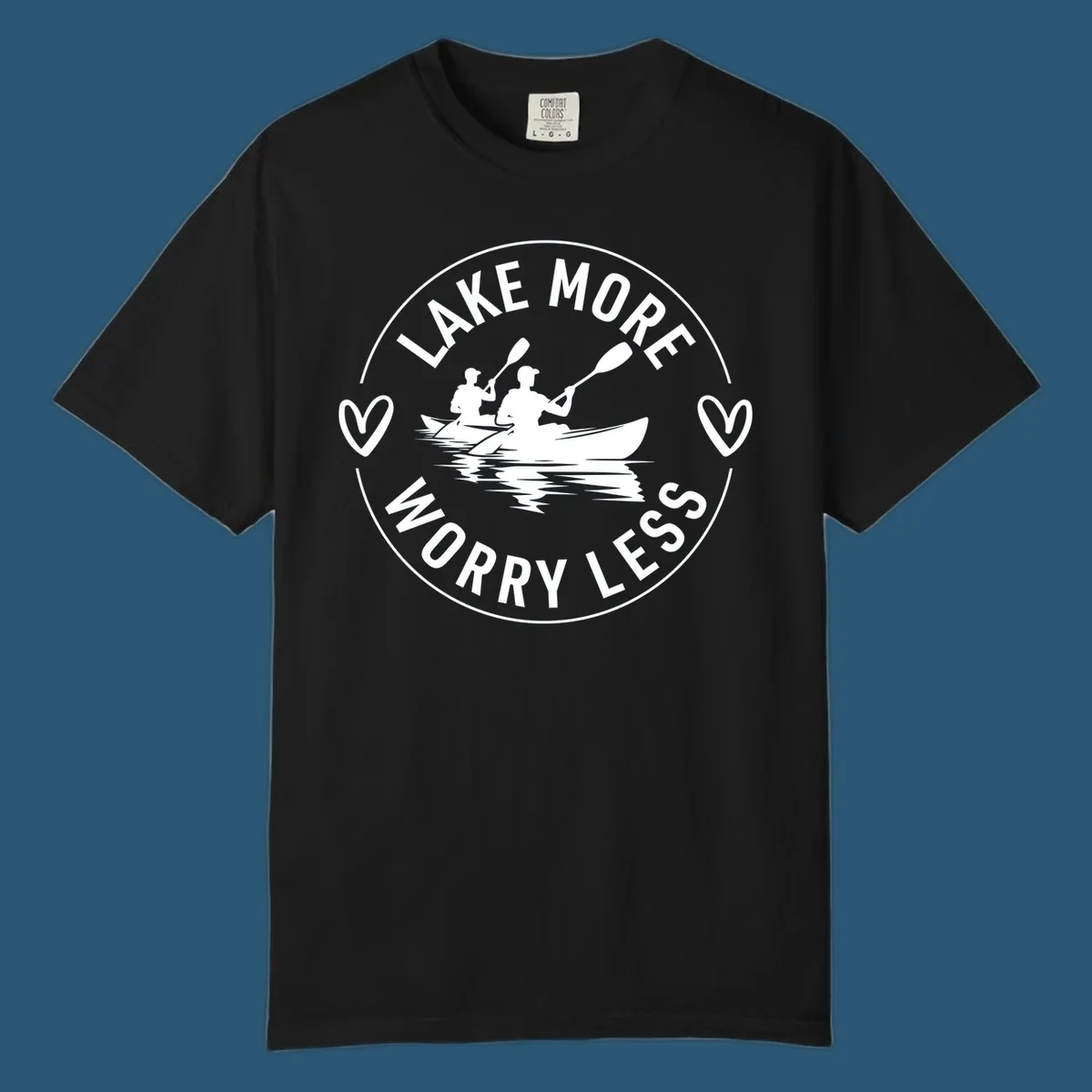 Lake More Worry Less kayaking design with kayakers and hearts.