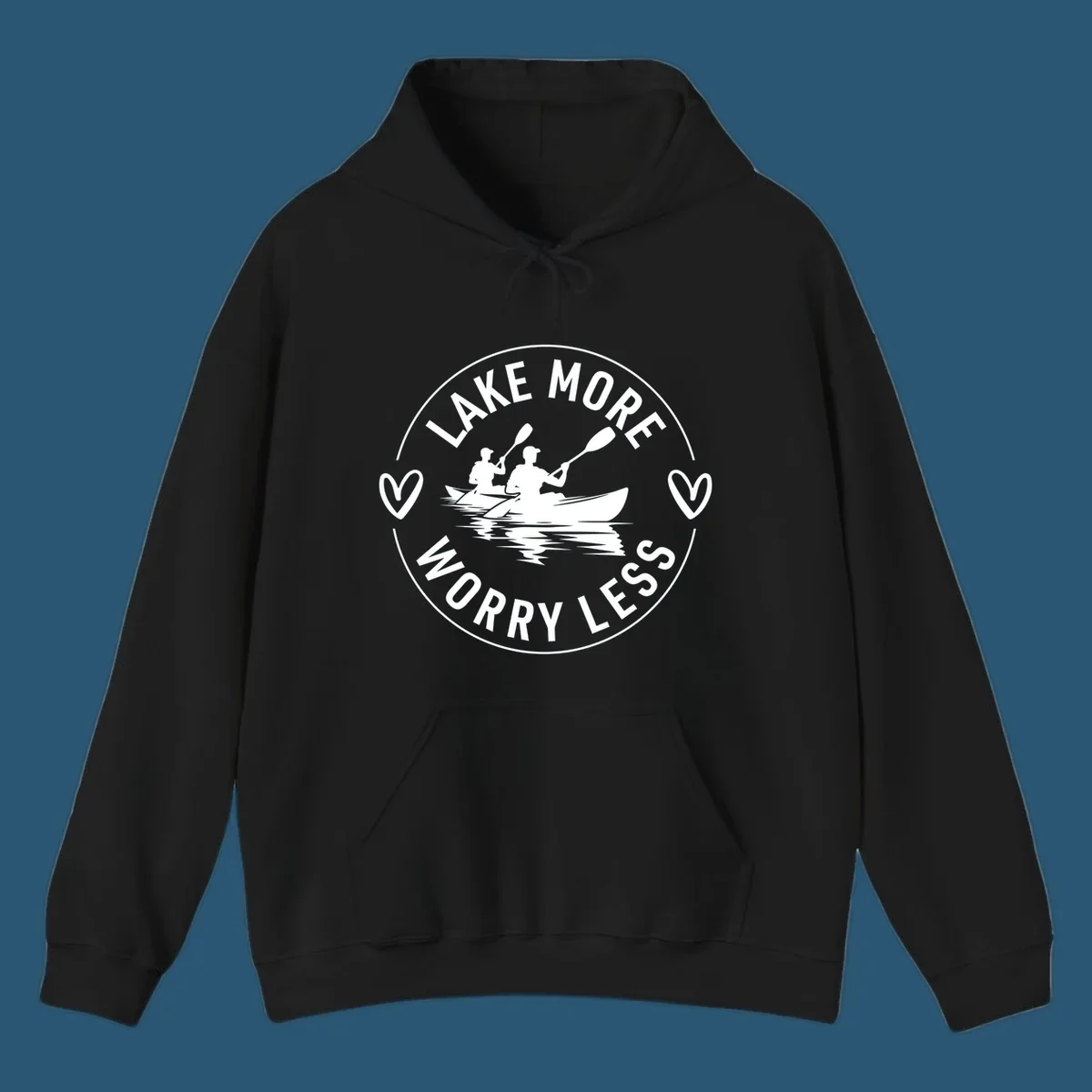 Lake More Worry Less kayaking design with kayakers and hearts.