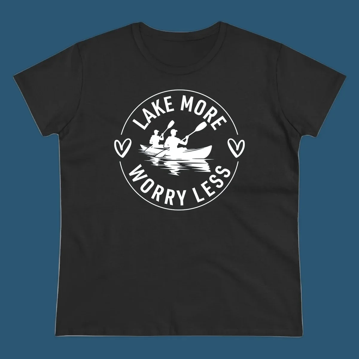Lake More Worry Less kayaking design with kayakers and hearts.