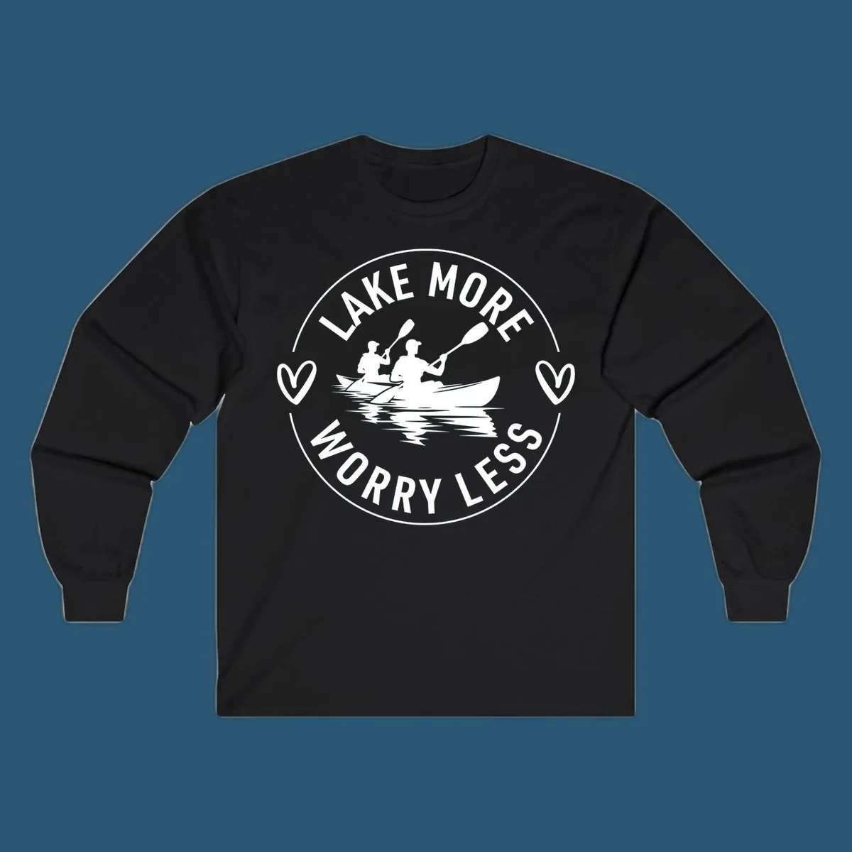 Lake More Worry Less kayaking design with kayakers and hearts.