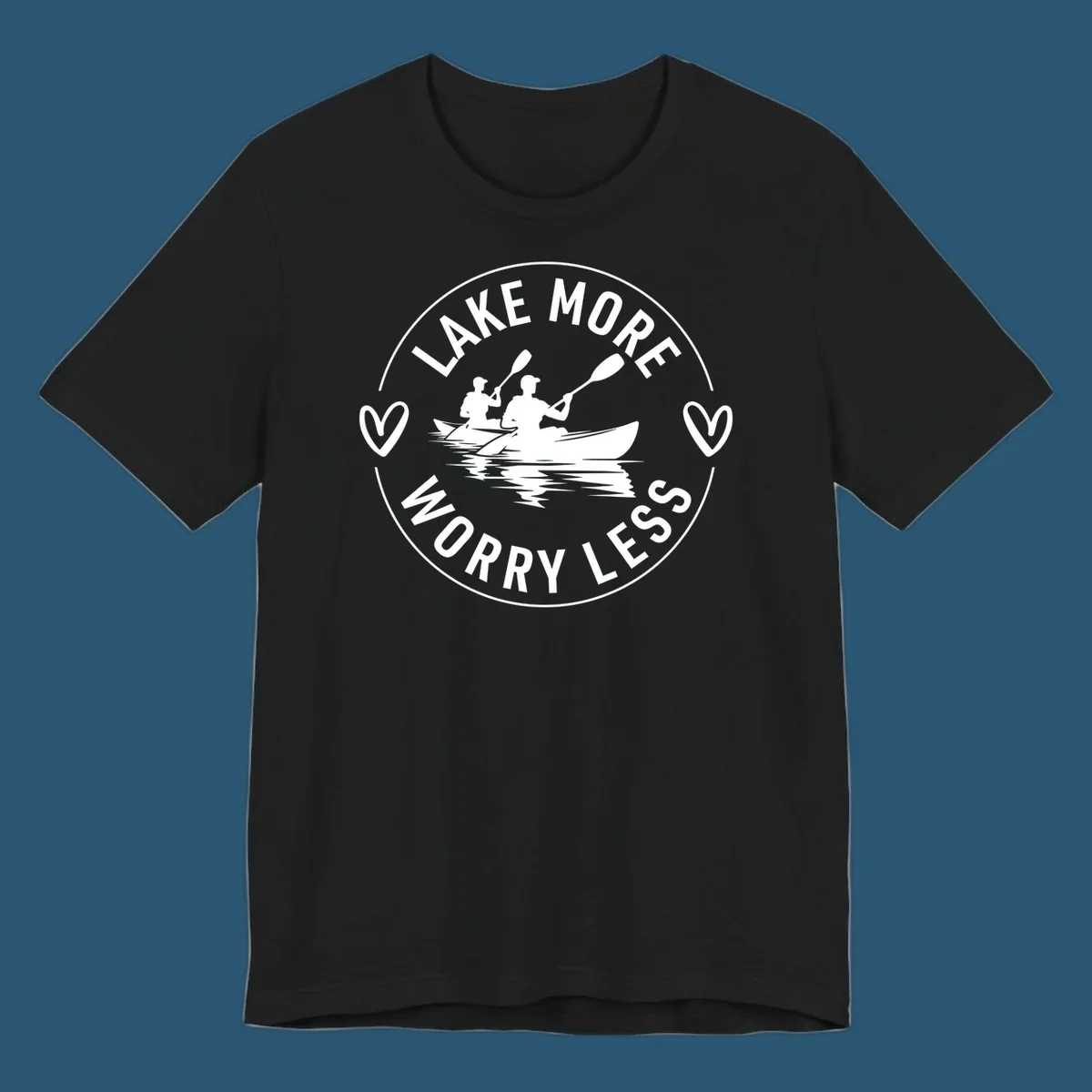 Lake More Worry Less kayaking design with kayakers and hearts.