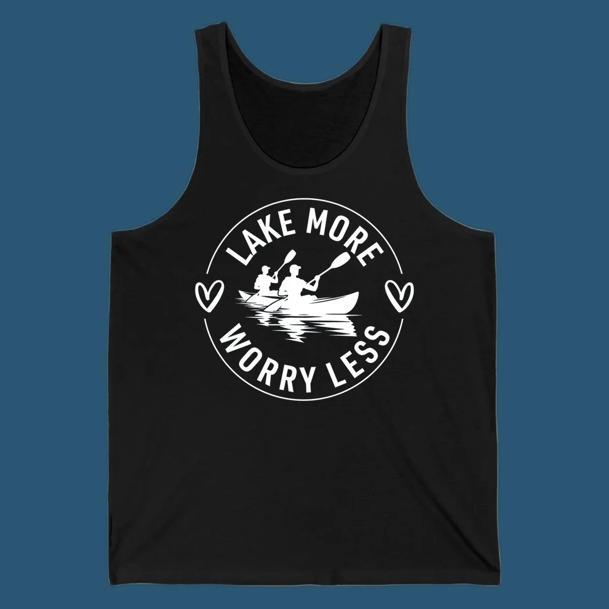 Lake More Worry Less kayaking design with kayakers and hearts.