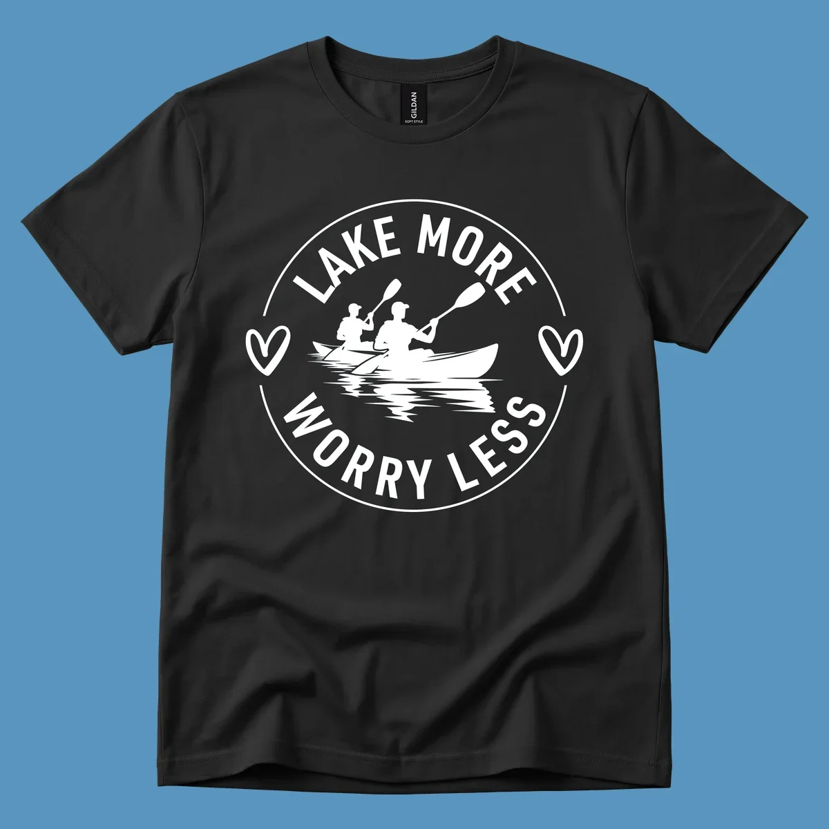 Lake More Worry Less kayaking design with kayakers and hearts.